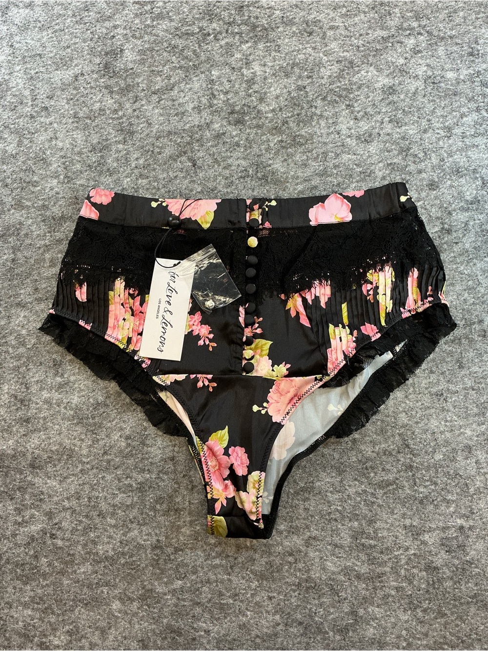 For Love & Lemons Floral Trim Lace Bathing Suit Bottoms - Black & Pink Size S